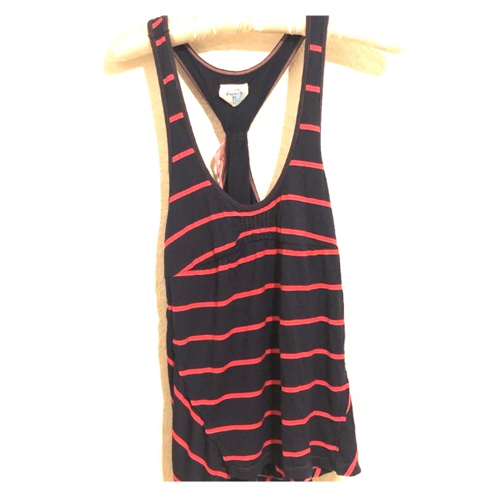 Free People Navy and Coral Striped Racerback Tank